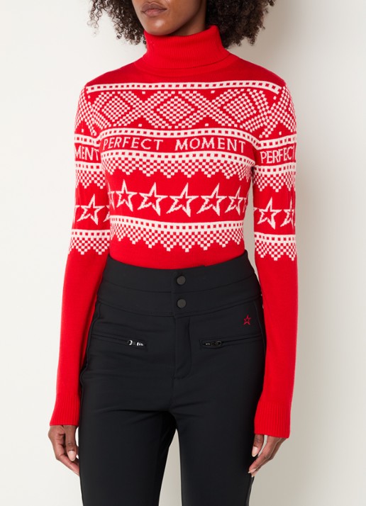 Perfect Moment Holiday grofgebreide trui van merino wol met ingebreid patroon  - detail 4 rood