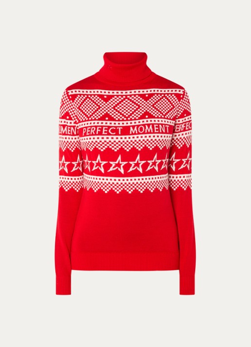 Perfect Moment Holiday grofgebreide trui van merino wol met ingebreid patroon  - voorkant 2 rood