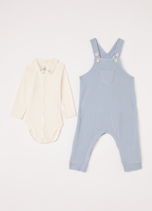 Petit Bateau Set van romper met tuinbroek 2-delig - voorkant blauw