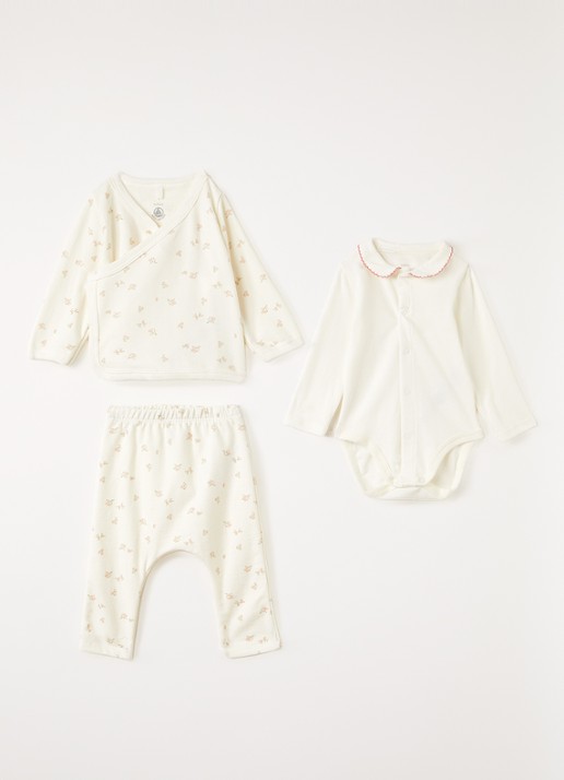Petit Bateau Set van top met legging en romper 3-delig - voorkant gebroken wit