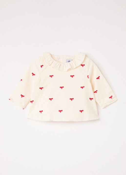 Petit Bateau Tuniek van corduroy met borduring en volant - voorkant gebroken wit