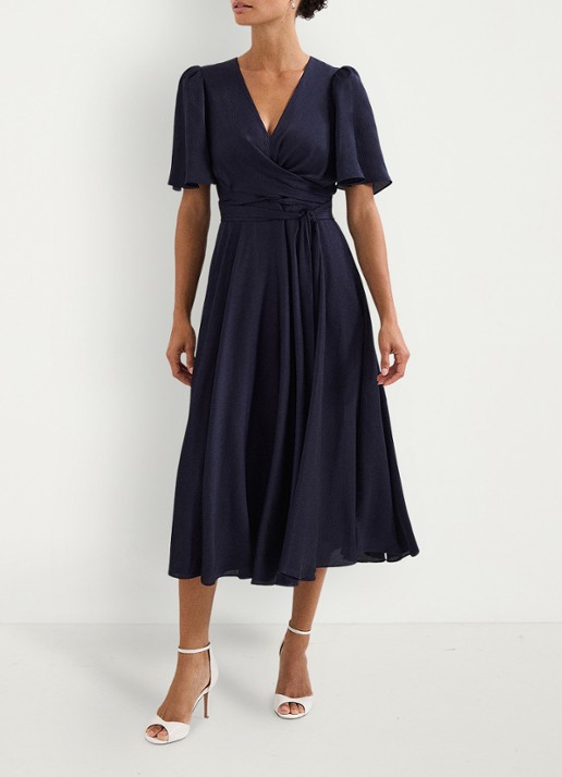 Phase Eight Abbie midi jurk met strikceintuur pofmouwen - voorkant 2 blauw