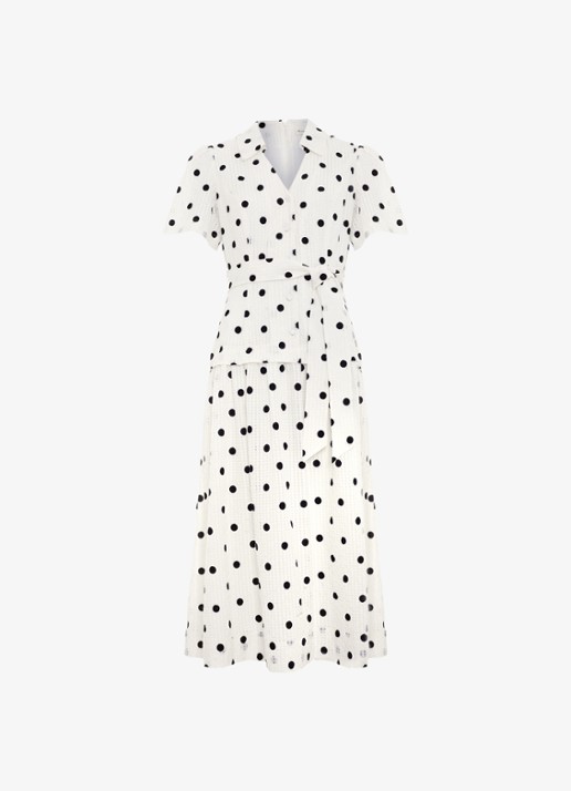 Phase Eight Adele midi jurk met stippenprint en strikceintuur - voorkant gebroken wit