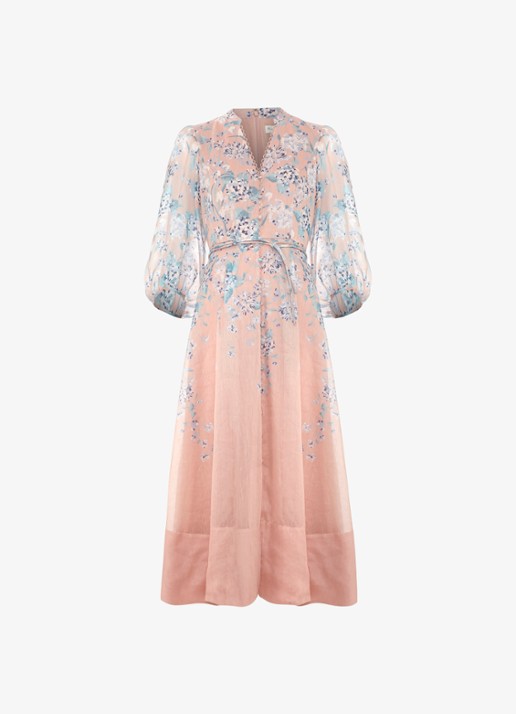 Phase Eight Alison midi jurk in linnenblend met bloemenprint - voorkant oudroze