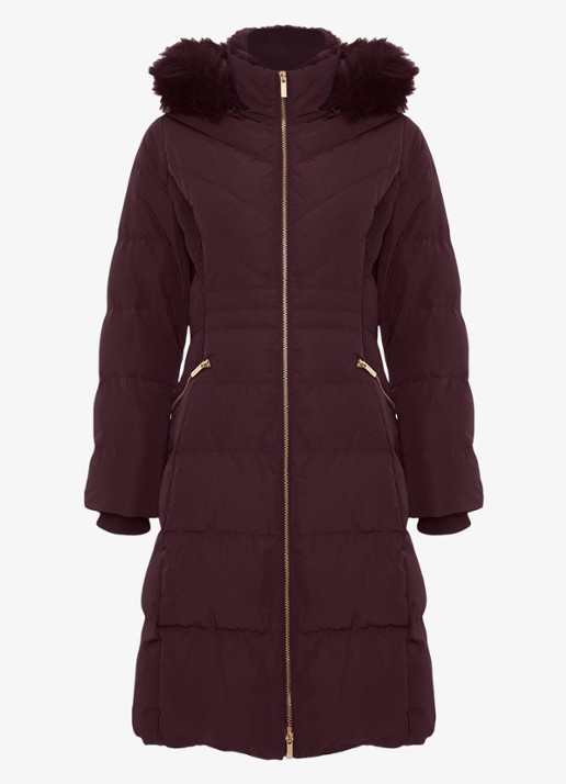 Phase Eight Amber puffer jas met capuchon - voorkant aubergine