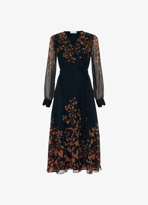 Phase Eight Arema midi wikkeljurk met bloemenprint - voorkant 6 zwart