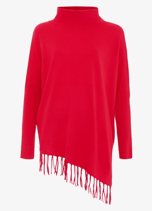 Phase Eight Athena fijngebreide coltrui met franjes  - voorkant 6 rood