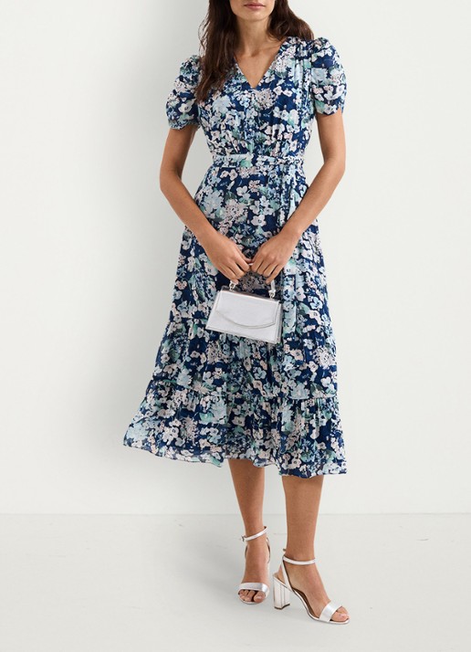 Phase Eight Azalea midi jurk met bloemenprint en strikceintuur - voorkant 3 donkerblauw
