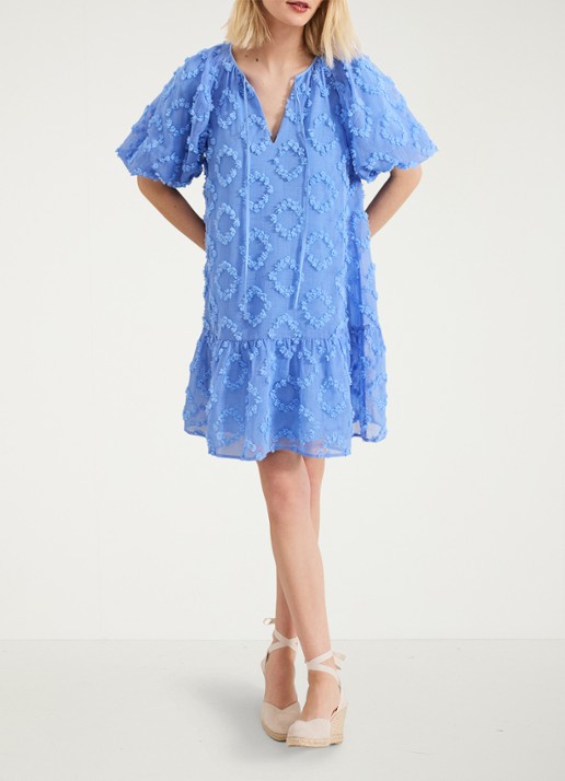 Phase Eight Bella midi jurk met strikkraag en structuur - voorkant 2 donkerblauw