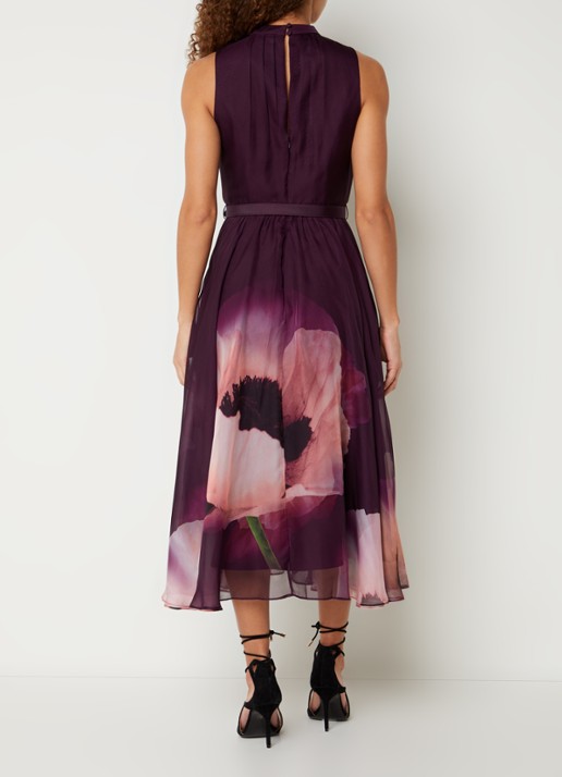 Phase Eight Bethany midi jurk met ceintuur en bloemenprint - achterkant 3 paars