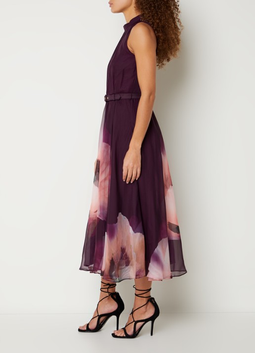 Phase Eight Bethany midi jurk met ceintuur en bloemenprint - voorkant 2 paars