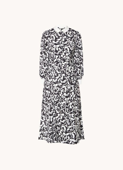 Phase Eight Bonnie midi blousejurk met print en strikceintuur  - voorkant zwart