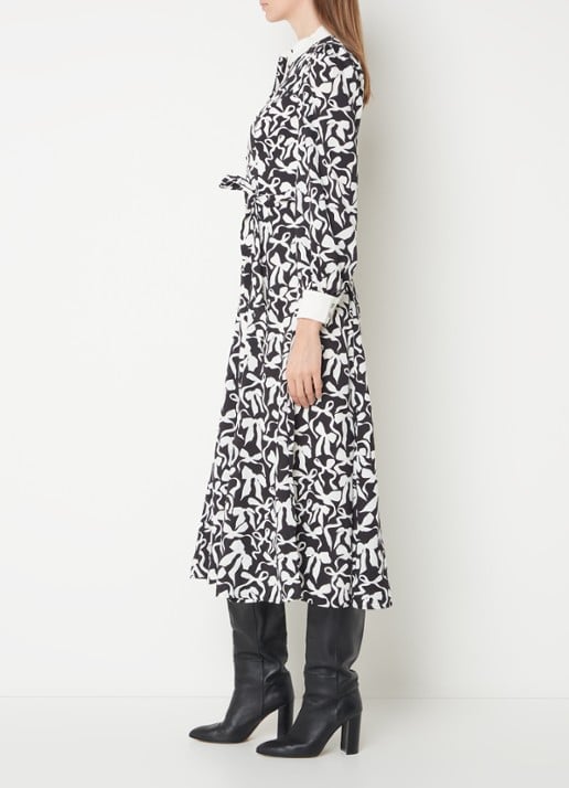 Phase Eight Bonnie midi blousejurk met print en strikceintuur  - voorkant 2 zwart