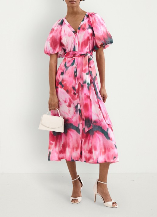 Phase Eight Caterina midi jurk met pofmouw en print - voorkant 3 roze