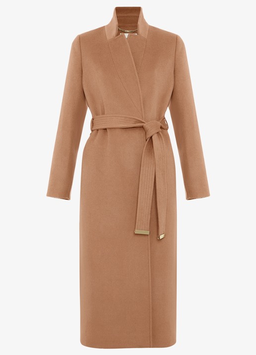 Phase Eight Charlotte mantel in wolblend met strikceintuur - voorkant 6 camel