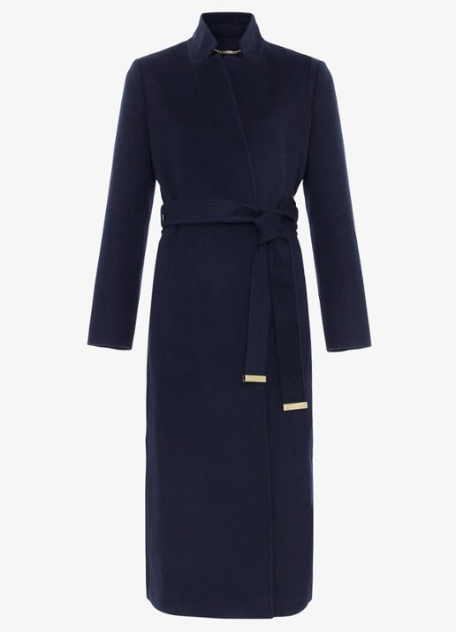 Phase Eight Charlotte mantel in wolblend met strikceintuur - voorkant 6 donkerblauw