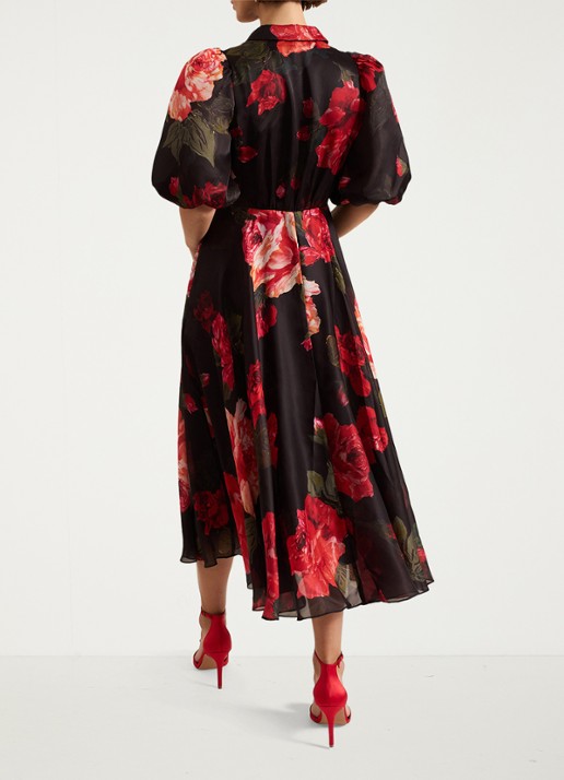 Phase Eight Cilla midi jurk met bloemenprint en pofmouw - achterkant 8 zwart
