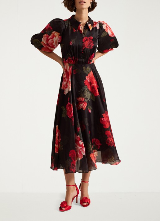 Phase Eight Cilla midi jurk met bloemenprint en pofmouw - detail zwart