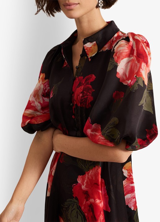 Phase Eight Cilla midi jurk met bloemenprint en pofmouw - detail 2 zwart