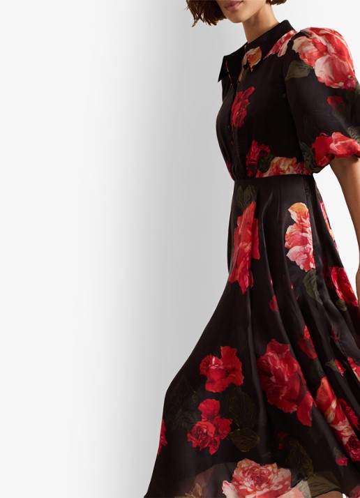 Phase Eight Cilla midi jurk met bloemenprint en pofmouw - detail 4 zwart