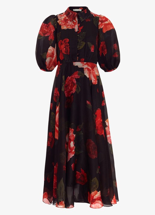Phase Eight Cilla midi jurk met bloemenprint en pofmouw - voorkant 6 zwart