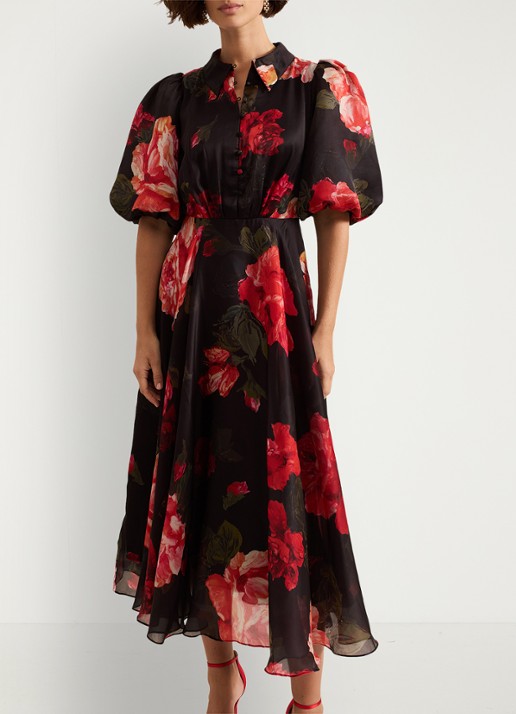 Phase Eight Cilla midi jurk met bloemenprint en pofmouw - voorkant 7 zwart