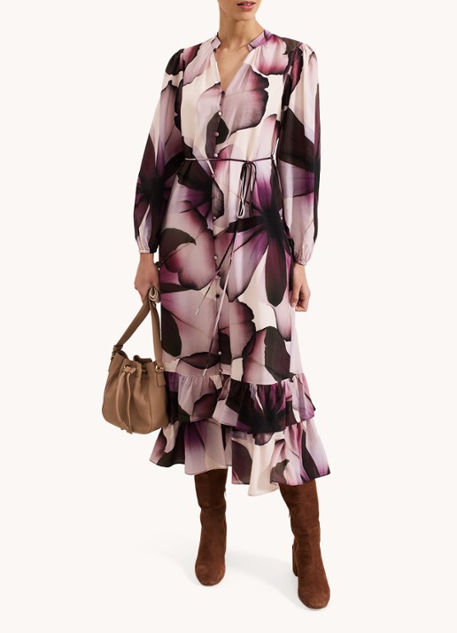 Phase Eight Clarra midi blousejurk  met bloemenprint - voorkant 8 paars