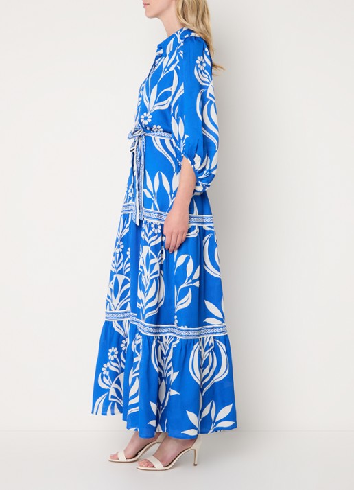 Phase Eight Coralie maxi blousejurk met print en strikceintuur - voorkant 2 kobaltblauw