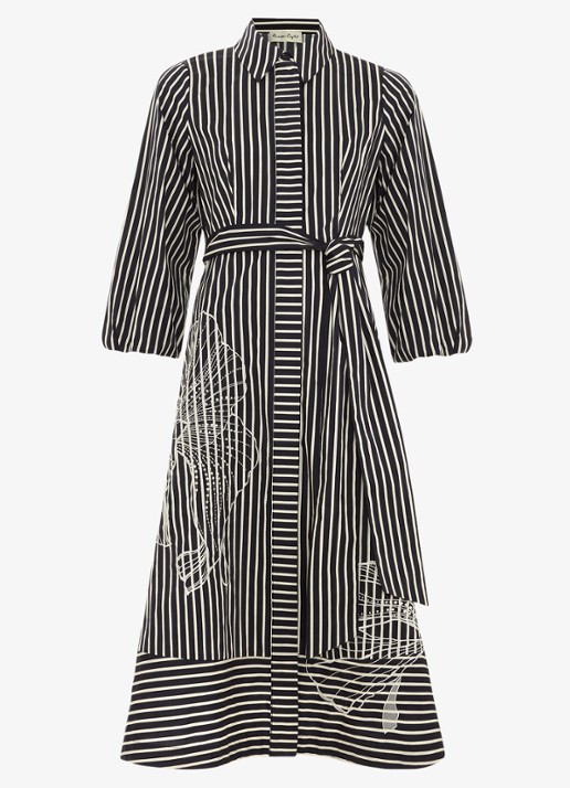 Phase Eight Corina midi blousejurk met print en strikceintuur - voorkant 7 zwart