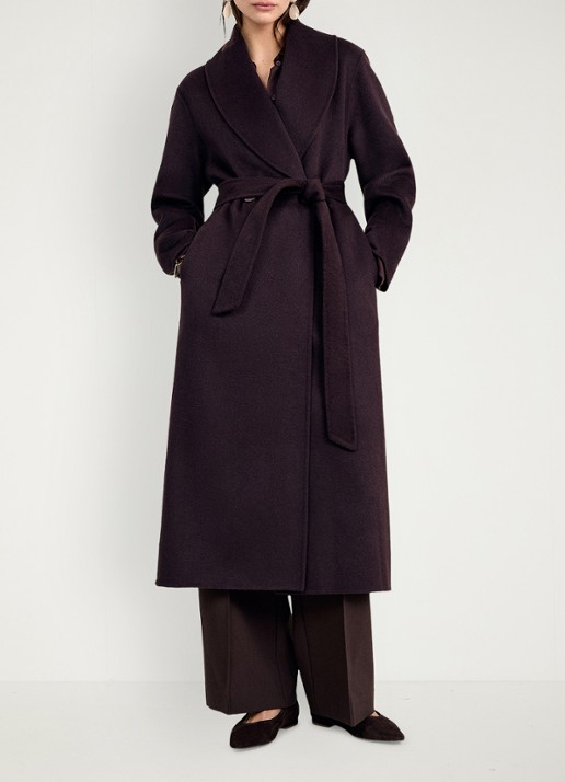 Phase Eight Daisy mantel in wolblend met strikceintuur - voorkant 8 aubergine