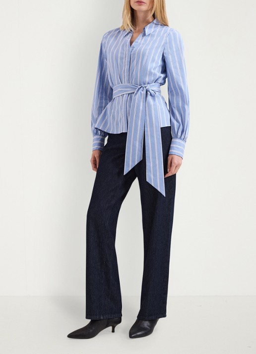 Phase Eight Dakota blouse met streepprint en strikceintuur - voorkant 8 donkerblauw