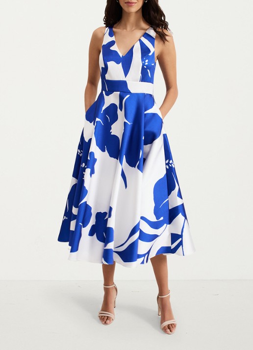 Phase Eight Delicia midi jurk met print - voorkant 2 kobaltblauw