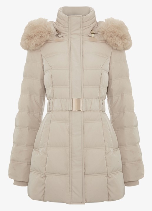 Phase Eight Dixie puffer jas met afneembare imitatiebontkraag - voorkant gebroken wit