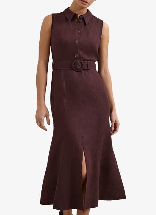 Phase Eight Elspeth midi jurk met ceintuur - detail chocoladebruin