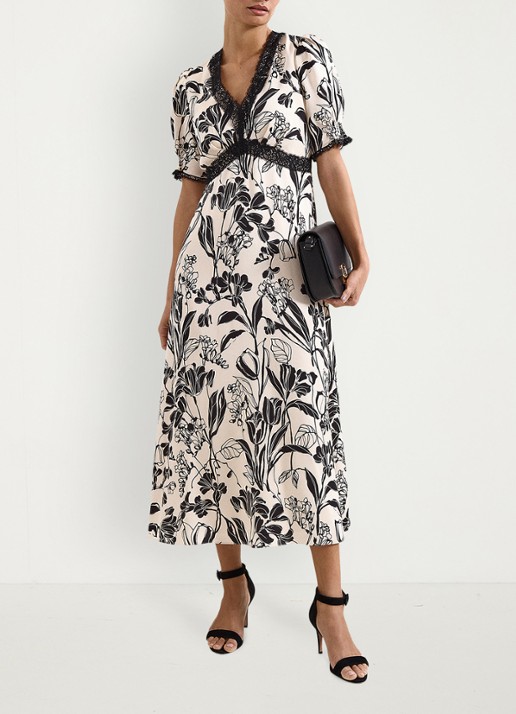 Phase Eight Feyre midi jurk van satijn met bloemenprint - voorkant 2 donkerblauw