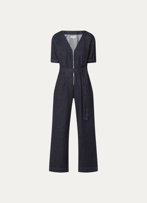 Phase Eight Florisa flared jumpsuit van denim met strikceintuur - voorkant 3 indigo