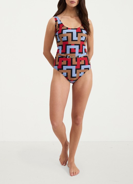 Phase Eight Geo badpak met grafische print - voorkant 2 blauw