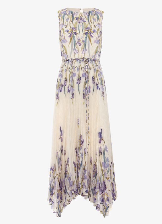 Phase Eight Georgiana mouwloze midi jurk met bloemenprint en plissé - voorkant creme