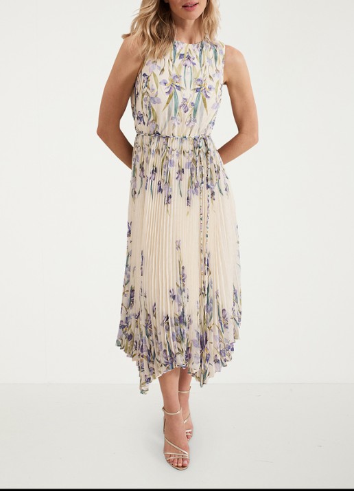 Phase Eight Georgiana mouwloze midi jurk met bloemenprint en plissé - voorkant 2 creme
