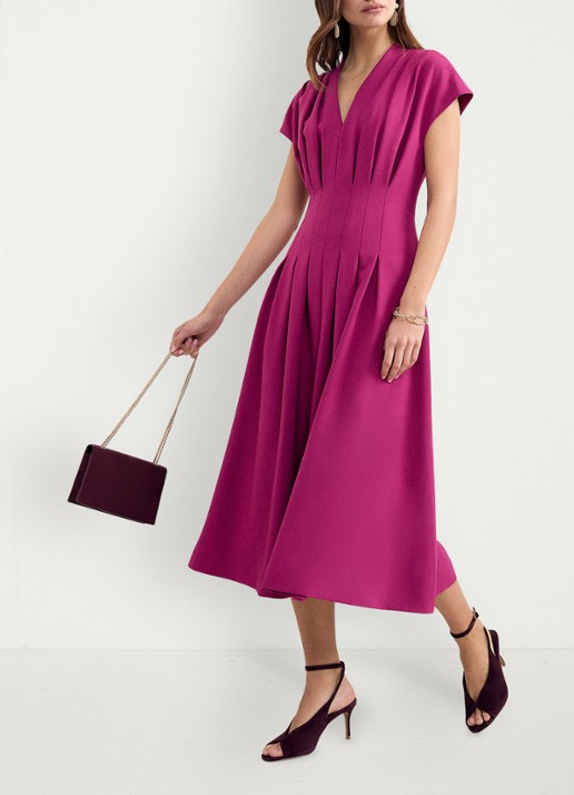 Phase Eight Hanna midi jurk met plooien - voorkant 8 fuchsia