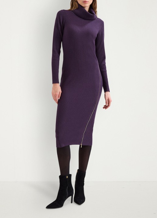 Phase Eight Hartley ribgebreide midi jurk met opstaande kraag  - voorkant 3 paars