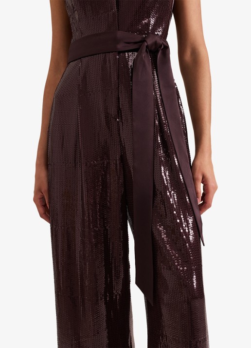 Phase Eight Ivey wide fit jumpsuit met pailletten en strikceintuur - detail 4 bordeauxrood