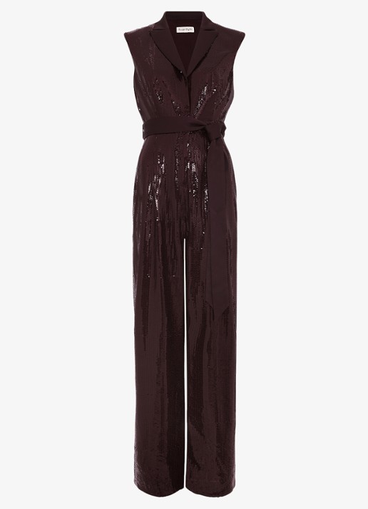 Phase Eight Ivey wide fit jumpsuit met pailletten en strikceintuur - voorkant bordeauxrood