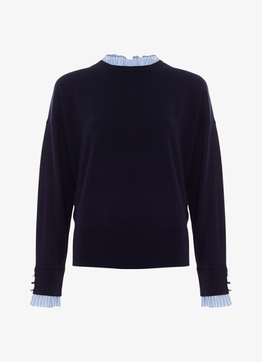 Phase Eight Jenna fijngebreide trui met opstaande kraag van ruches - voorkant 7 blauw