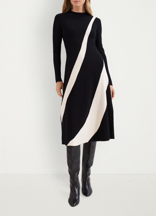 Phase Eight Julie ribgebreide midi jurk met print - voorkant 2 zwart