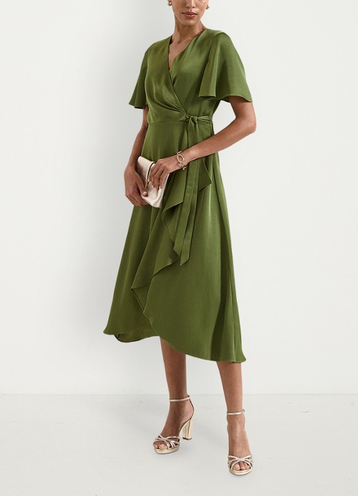 Phase Eight Julissa midi wikkeljurk van satijn - voorkant 2 khaki