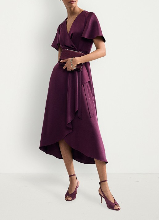 Phase Eight Julissa midi wikkeljurk van satijn - voorkant 7 bordeauxrood