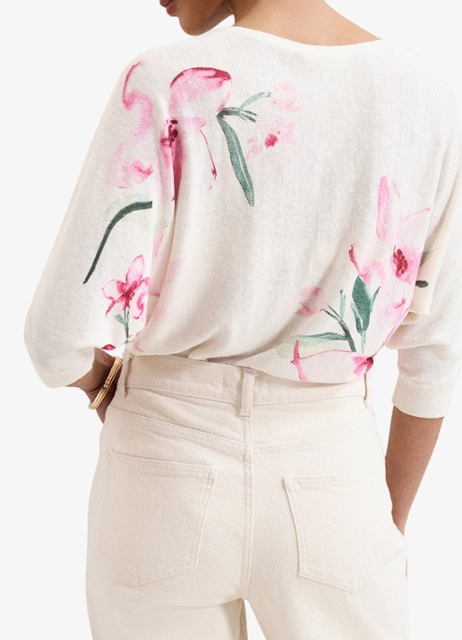 Phase Eight Lorelei fijngebreide trui in linnenblend met bloemenprint - achterkant 5 roze