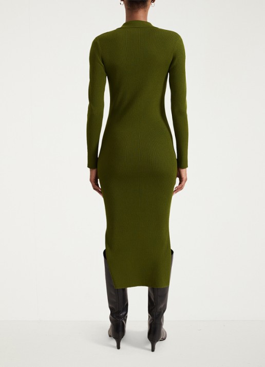 Phase Eight Lucy ribgebreide midi jurk met kraag - achterkant olijfgroen