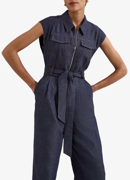 Phase Eight Luiza wide fit jumpsuit in linnenblend met strikceintuur - detail donkerblauw